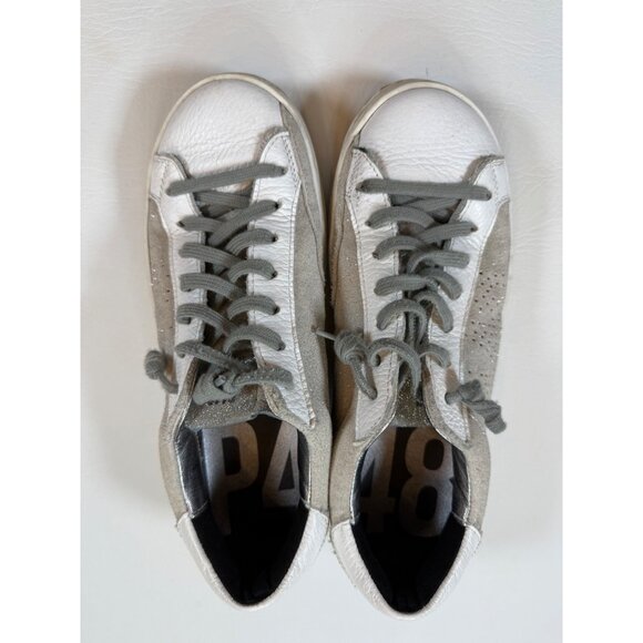 P448 Low-Top Sneakers White/Silver Leather Suede Lace-Up Shoes sz 38 (US 7.5) - Picture 5 of 8